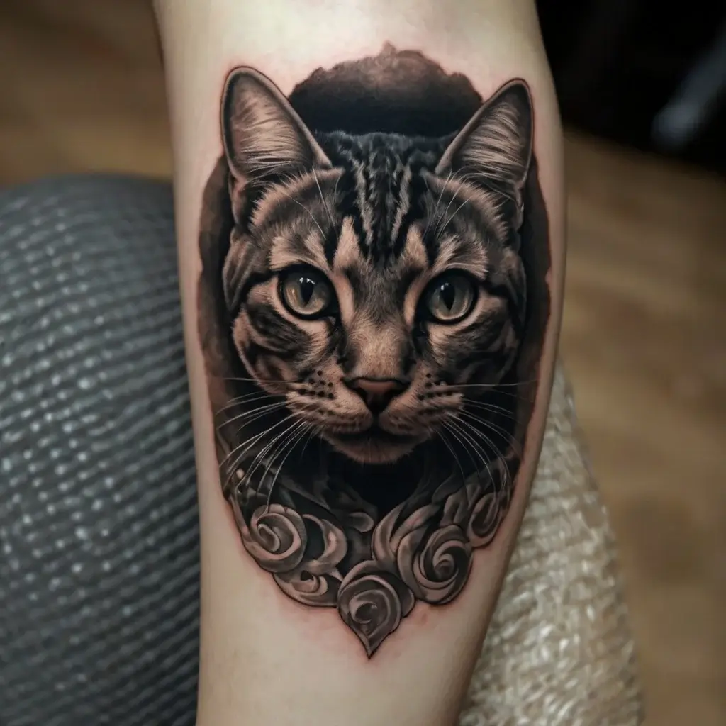 Realistic cat portrait tattoo with intricate shading, surrounded by ornate swirls, creating a 3D effect.