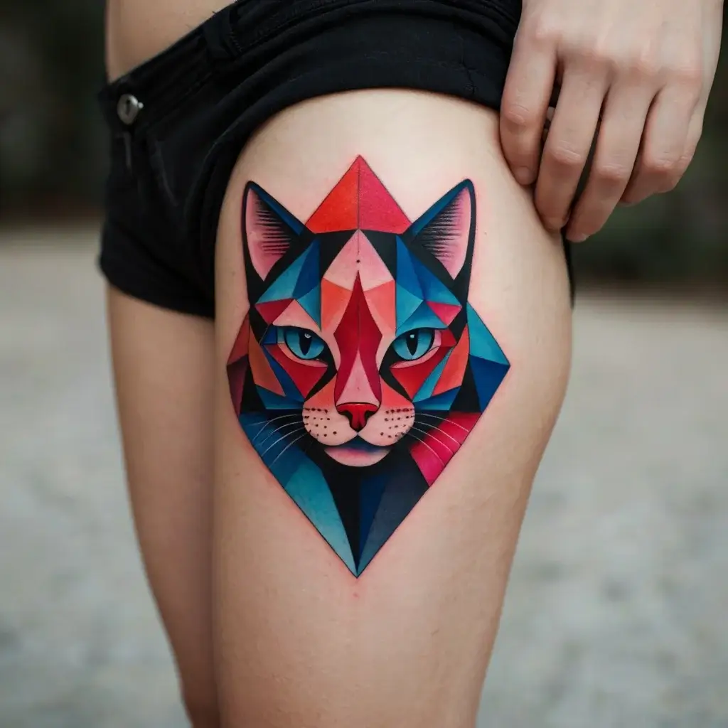 Geometric tattoo of a cat in vibrant shades of red, blue, and pink, creating a bold, angular design on the thigh.