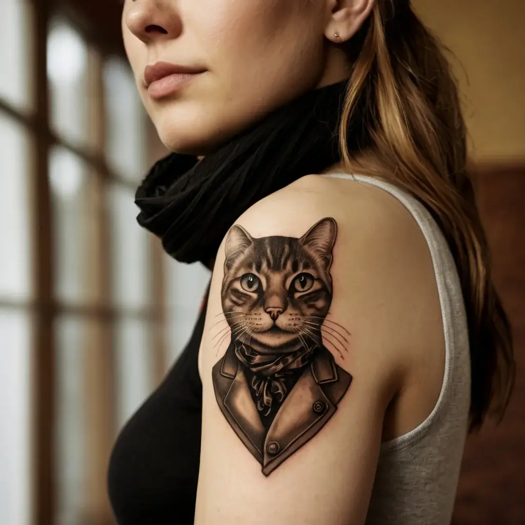 Realistic tattoo of a cat in a leather jacket and scarf on upper arm, blending realism with whimsical elements.