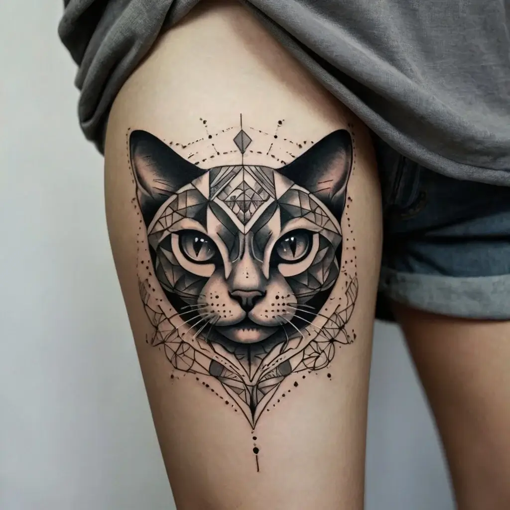 Geometric cat portrait tattoo on thigh, featuring intricate linework and dot detailing for a modern, symmetrical design.