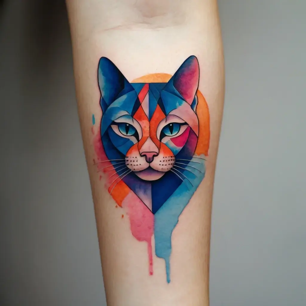 Geometric cat tattoo with vivid blues, oranges, and pinks, featuring a watercolor style and drip effect background.