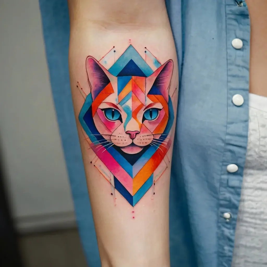 Geometric cat tattoo featuring vibrant blue, orange, and pink hues, forming angular patterns on forearm for modern flair.