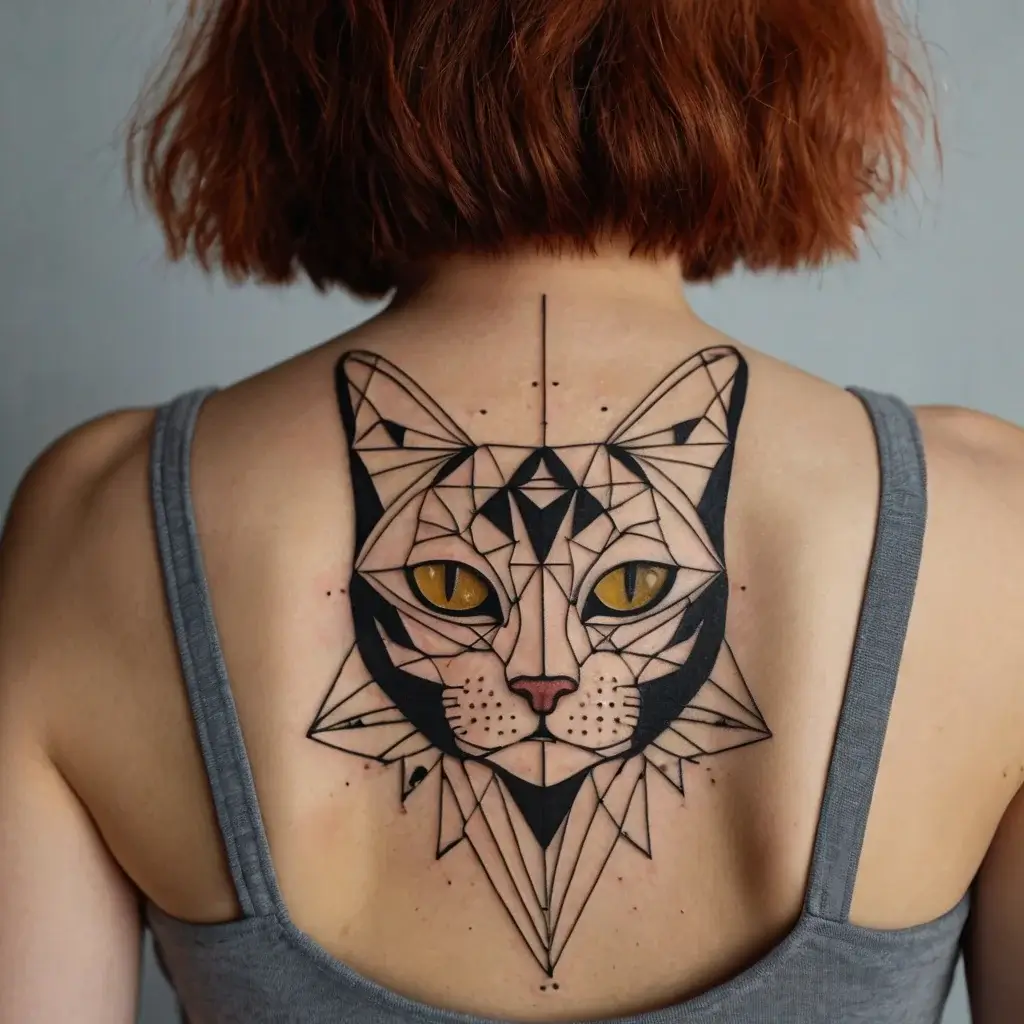 Geometric cat tattoo on the back with vibrant yellow eyes, featuring intricate lines and shapes for a modern, artistic look.