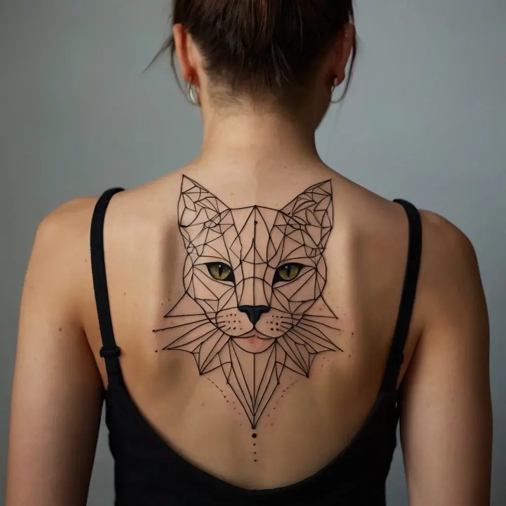 Geometric cat tattoo with intricate lines and shaded eyes, centered on upper back, blending symmetry and detail.