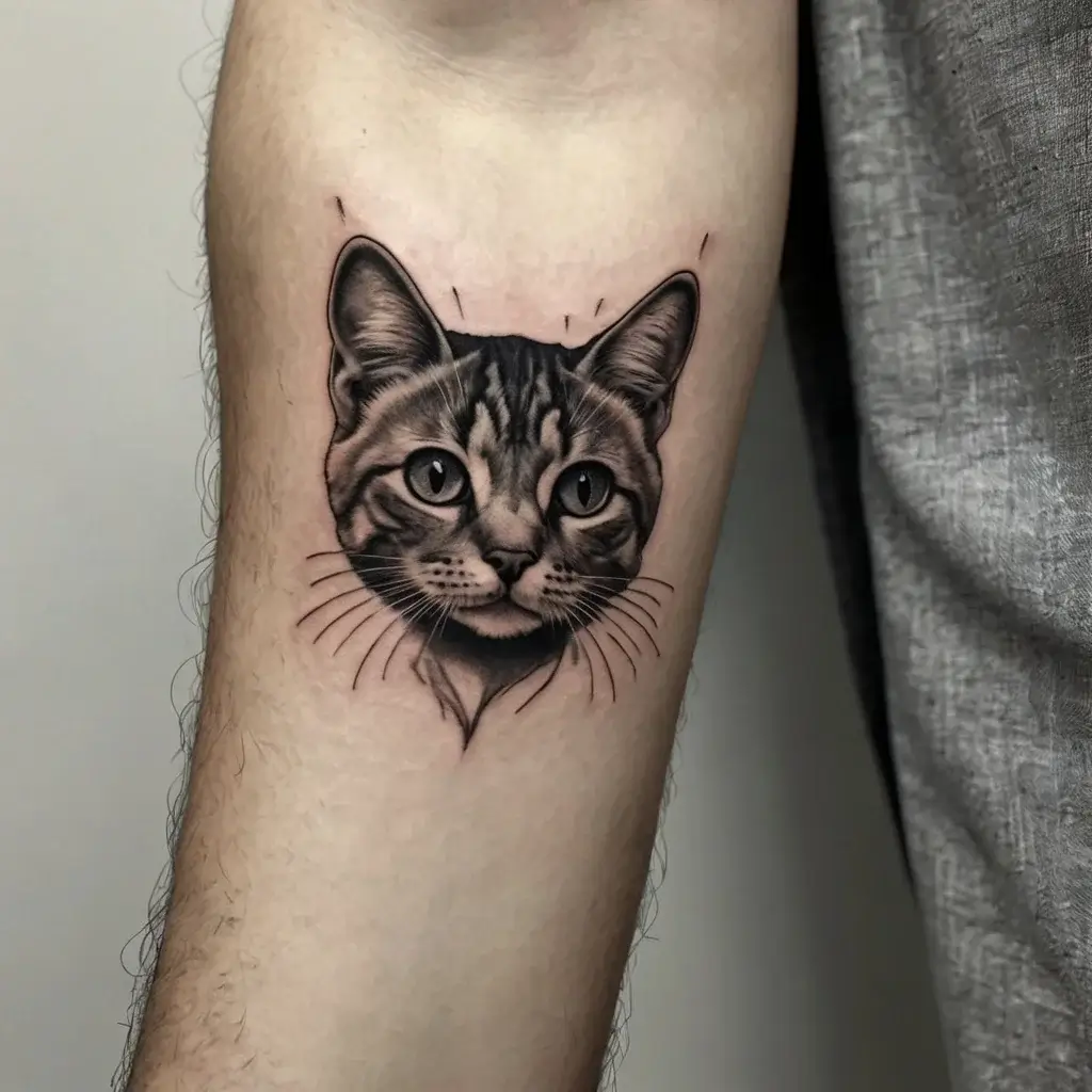 Realistic cat face tattoo on forearm, with detailed shading and lifelike expression, capturing feline features vividly.