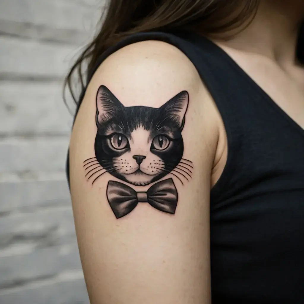 Black and gray tattoo of a tuxedo cat with a bow tie, showcasing realistic details and shading on the upper arm.