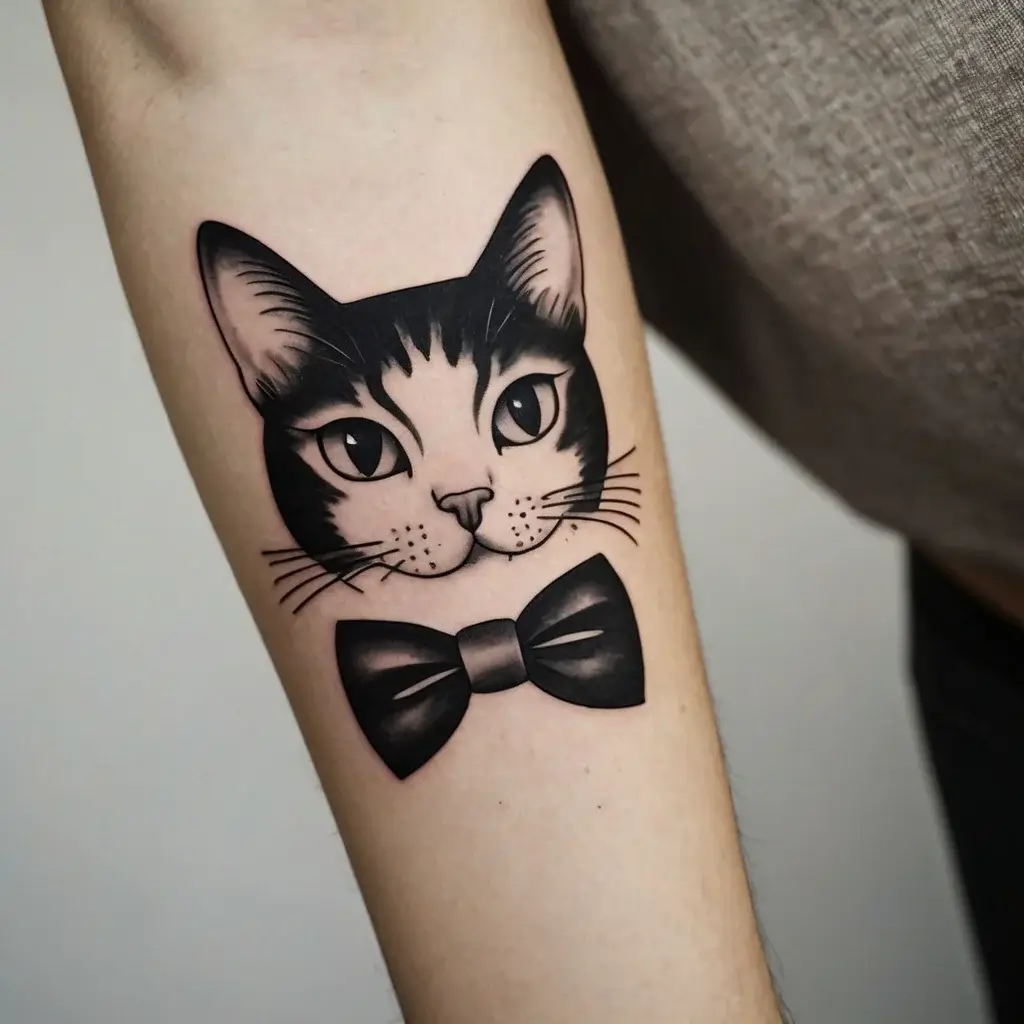 Tattoo of a realistic cat face with a black bow tie, showcasing bold lines and subtle shading for a classic look.