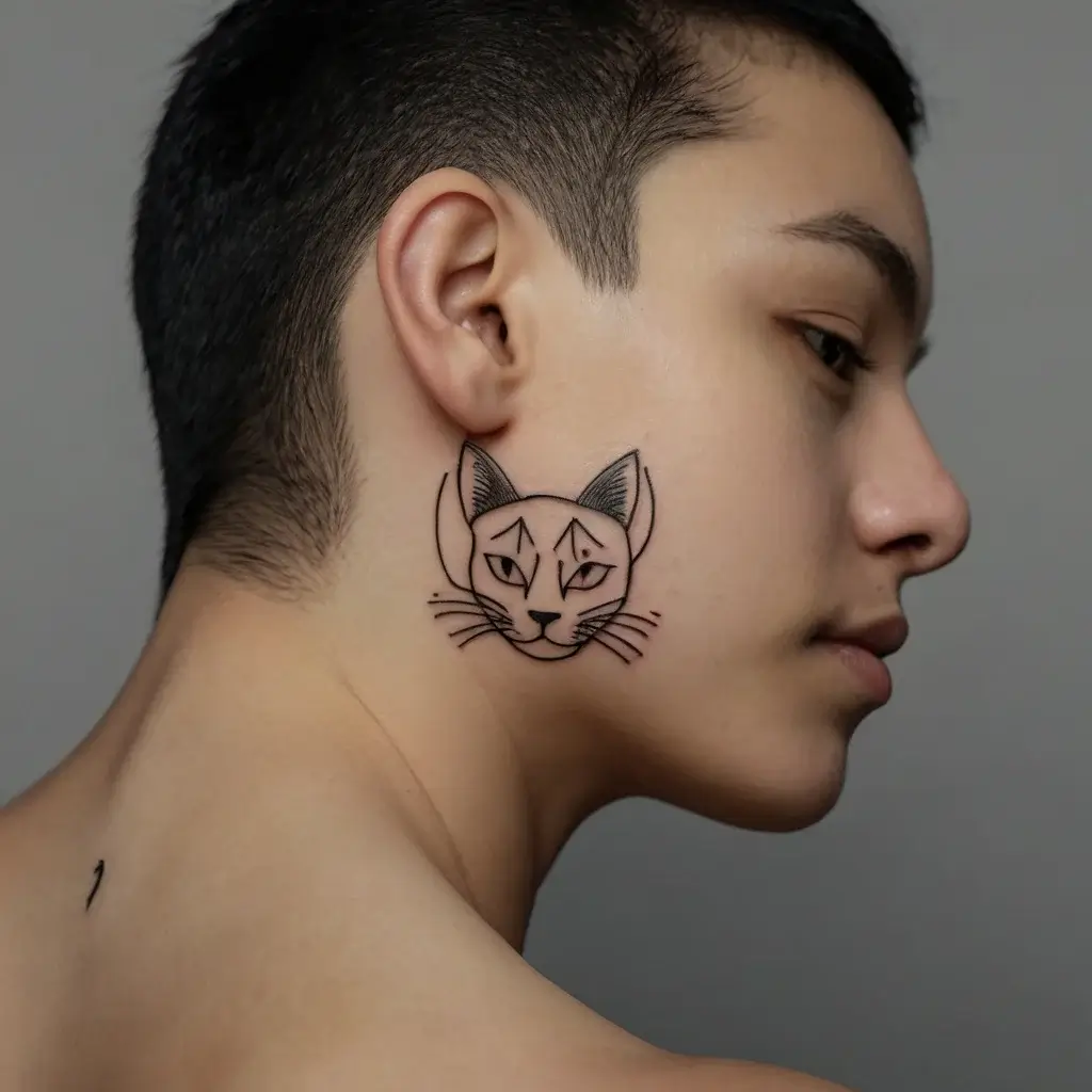 Line art cat face tattoo on the cheek, featuring geometric eyes and minimalist whiskers for a modern, bold aesthetic.