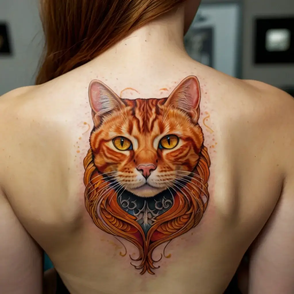 Realistic orange tabby cat tattoo on back, framed by ornate swirling patterns, highlighting its vivid eyes and fur details.