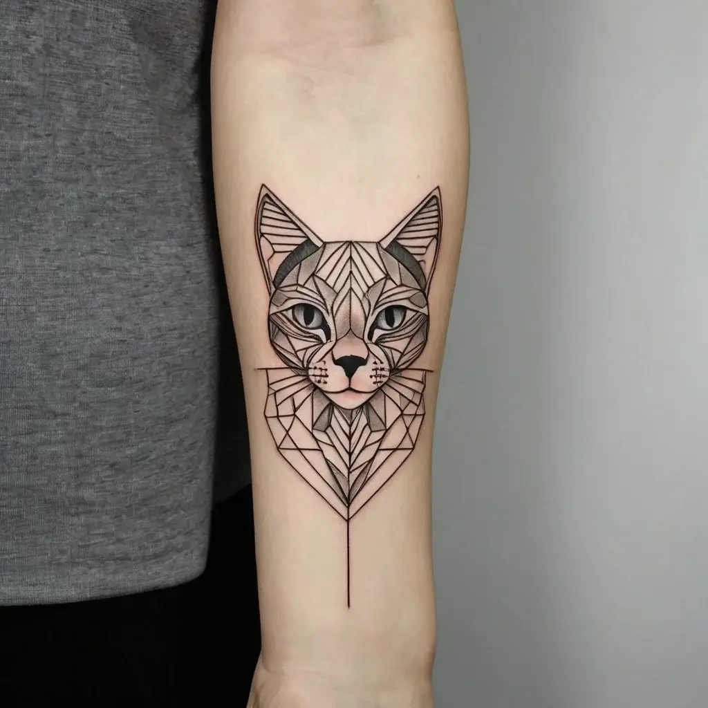 Geometric cat tattoo on forearm, featuring intricate linework and shading, blending realism with abstract polygonal design.