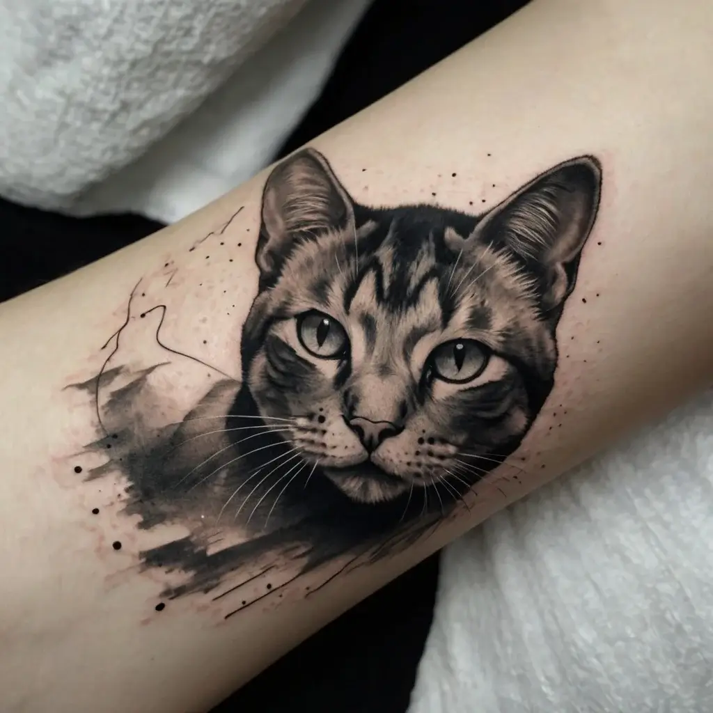 Realistic cat tattoo with detailed shading and dot work, featuring soft brush strokes and splatter effects around the face.