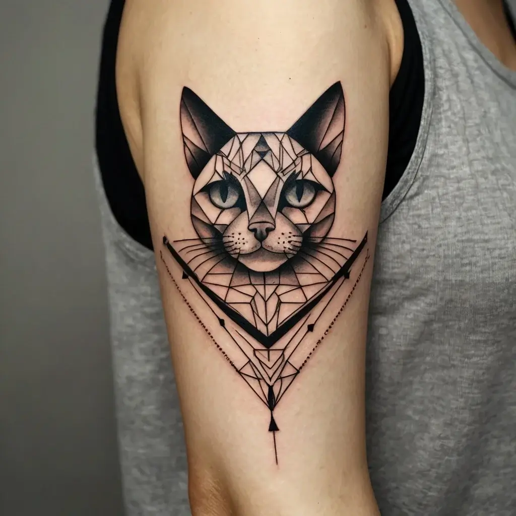 Geometric cat tattoo with intricate lines and shading, forming a symmetrical and stylized feline face on the arm.