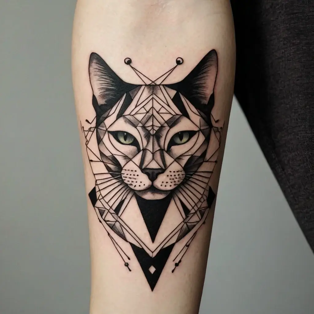 Geometric cat tattoo in black and grey, featuring intricate patterns and piercing green eyes, merging realism and abstraction.