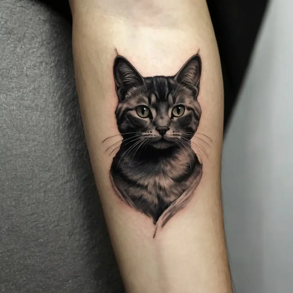 Realistic grayscale tattoo of a cat's head and shoulders, with detailed fur and bright eyes, on a person's arm.