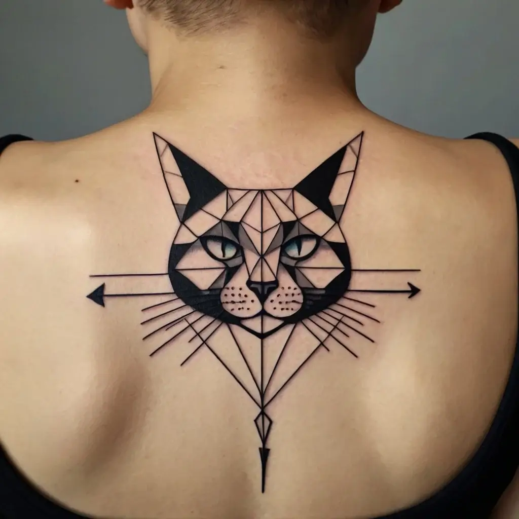 Geometric cat tattoo on back, featuring intricate lines and dots. Arrows extend horizontally with teal eyes for detail.