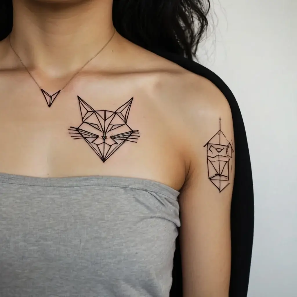 Geometric tattoos: a fox head on the chest and a bird on the arm, featuring clean lines and angular shapes.