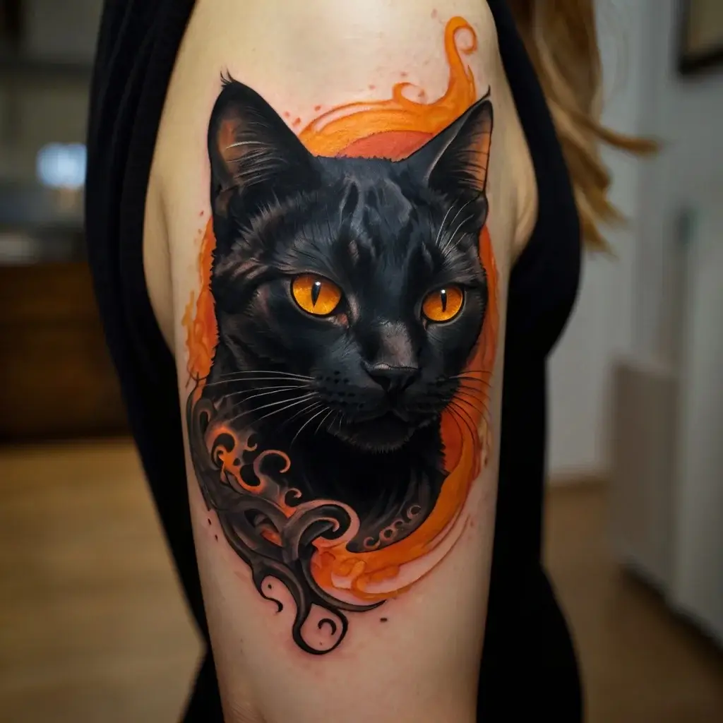 Tattoo of a realistic black cat head with vivid orange eyes, surrounded by swirling orange and black smoke-like patterns.