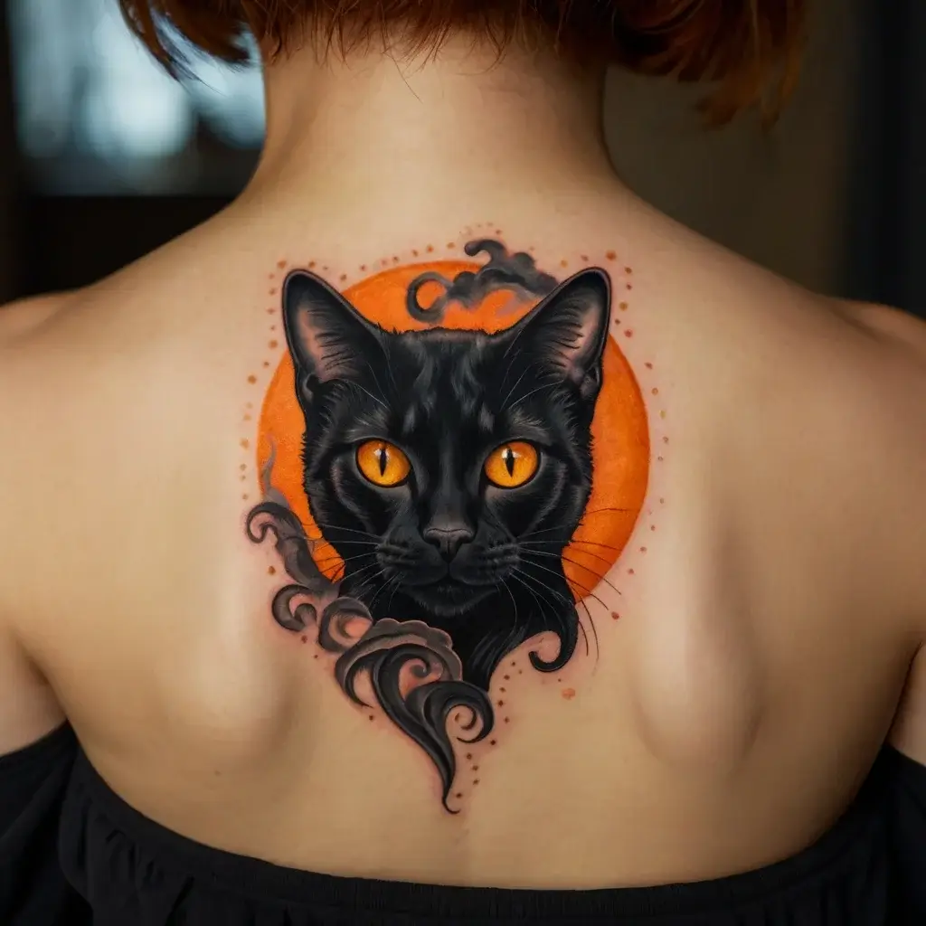 Stylized black cat tattoo with vivid orange eyes, set against an orange circle, and decorative swirling patterns.