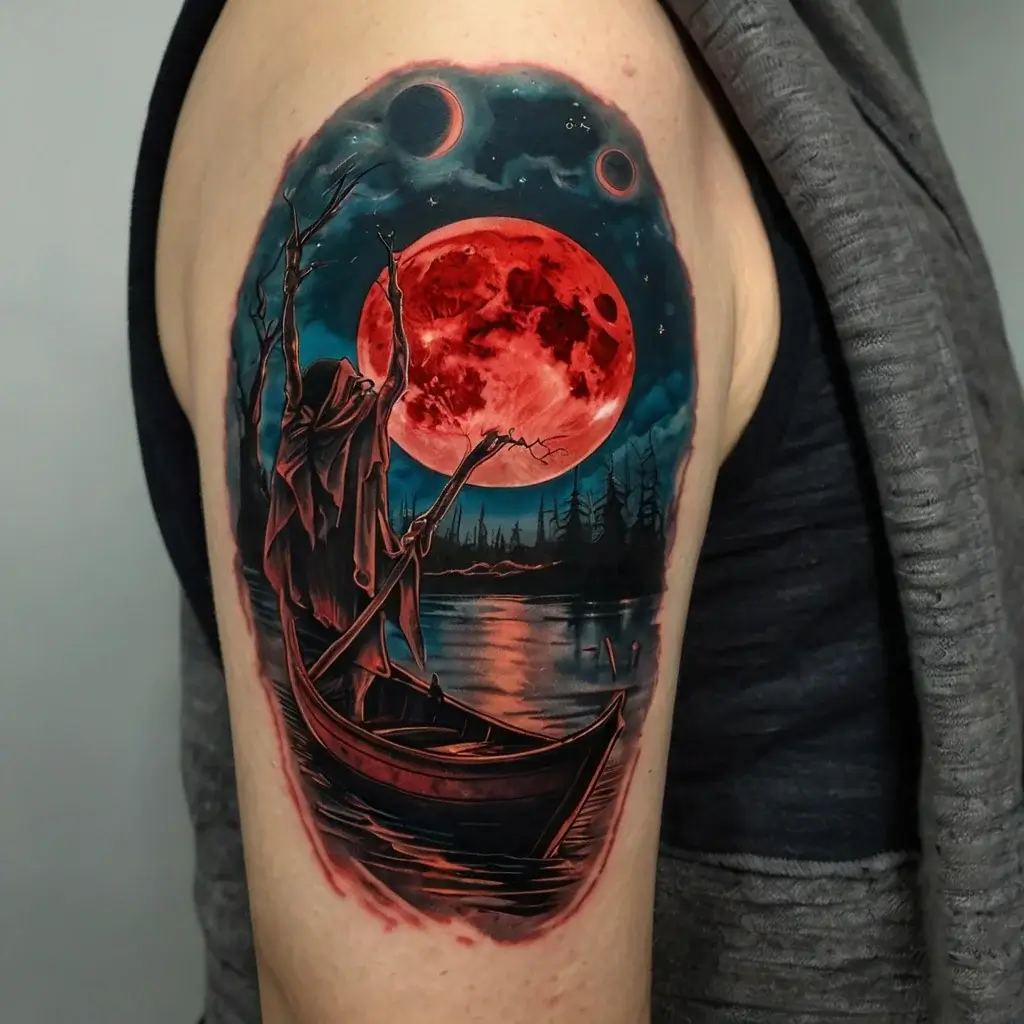 A cloaked figure in a boat under a vivid red moon and night sky, surrounded by dark, eerie trees and a reflective lake.