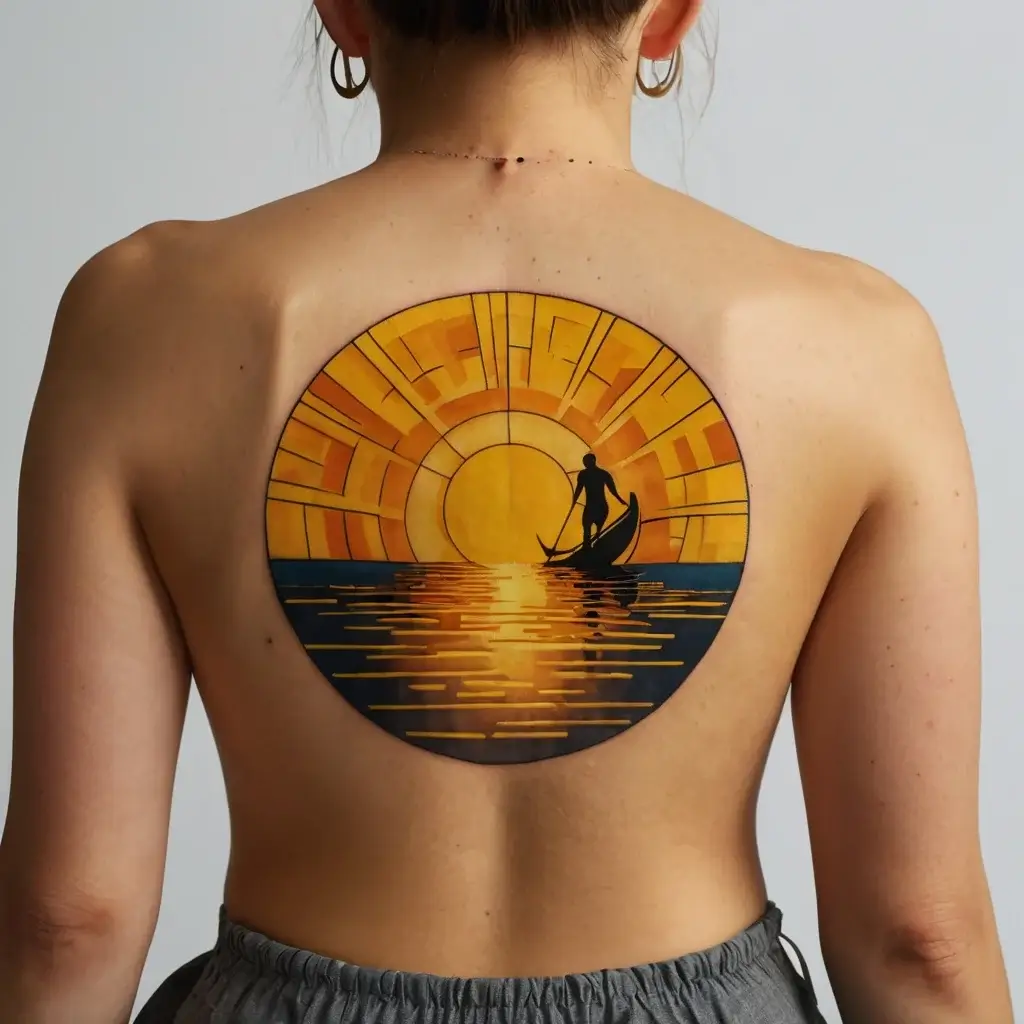 Back tattoo depicting a silhouette in a boat on water, set against a geometric, radiant sunset circle in vivid colors.