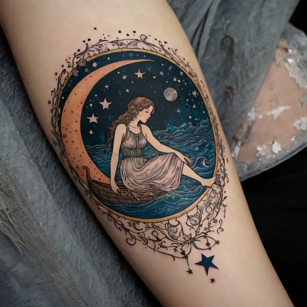 Tattoo of a woman in a dress sitting in a crescent moon boat, surrounded by stars and waves, with ornate floral designs.