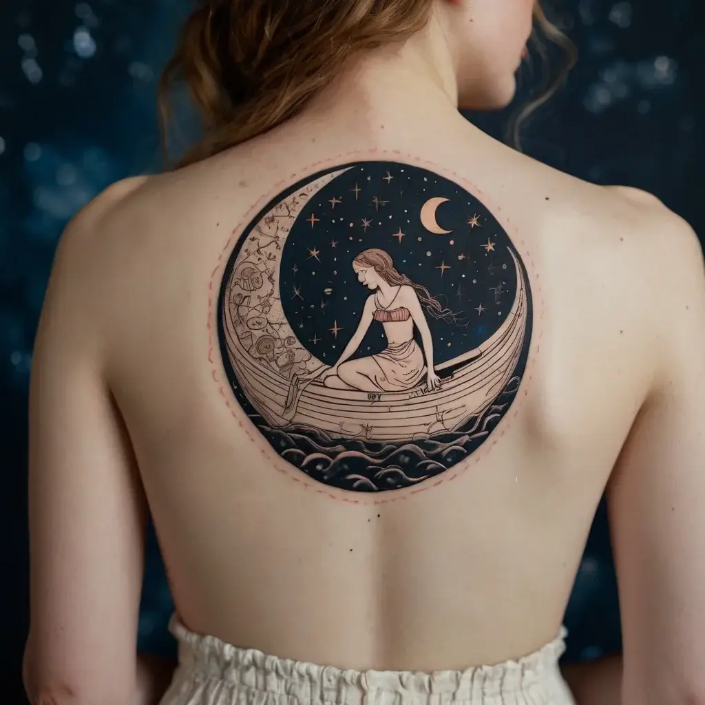 Tattoo of a woman in a boat on a crescent moon surrounded by stars, with delicate waves below, symbolizing serenity.