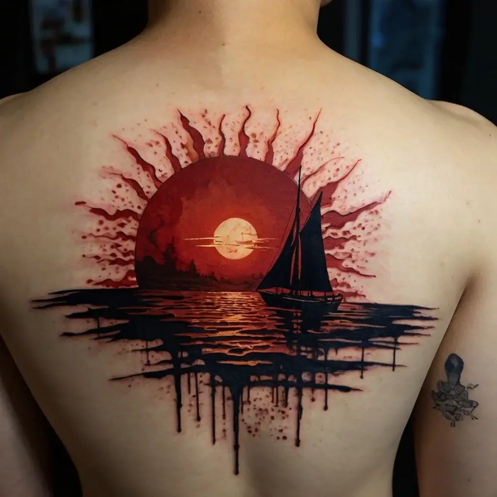 Tattoo of a sunset with a sailboat, featuring vivid red hues and dripping black ink, creating a dynamic seascape effect.