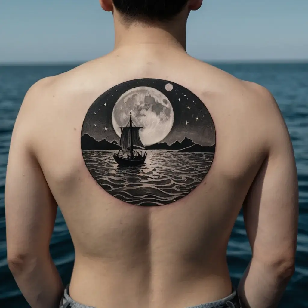 Tattoo of a ship sailing under a full moon with starry sky, surrounded by mountains and a calm sea on a circular design.