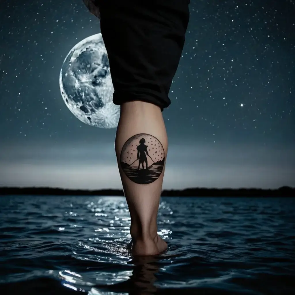 Tattoo of a silhouette paddleboarder against a starry night sky, encircled by water reflections on the calf.