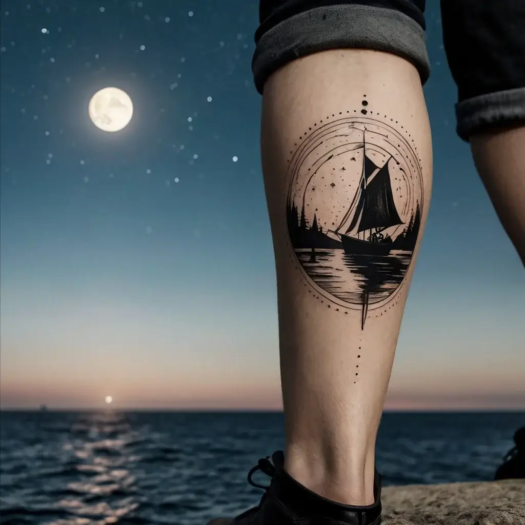 Tattoo depicts a silhouetted sailboat against moonlit water, encircled by geometric lines and dots, reflecting adventure.