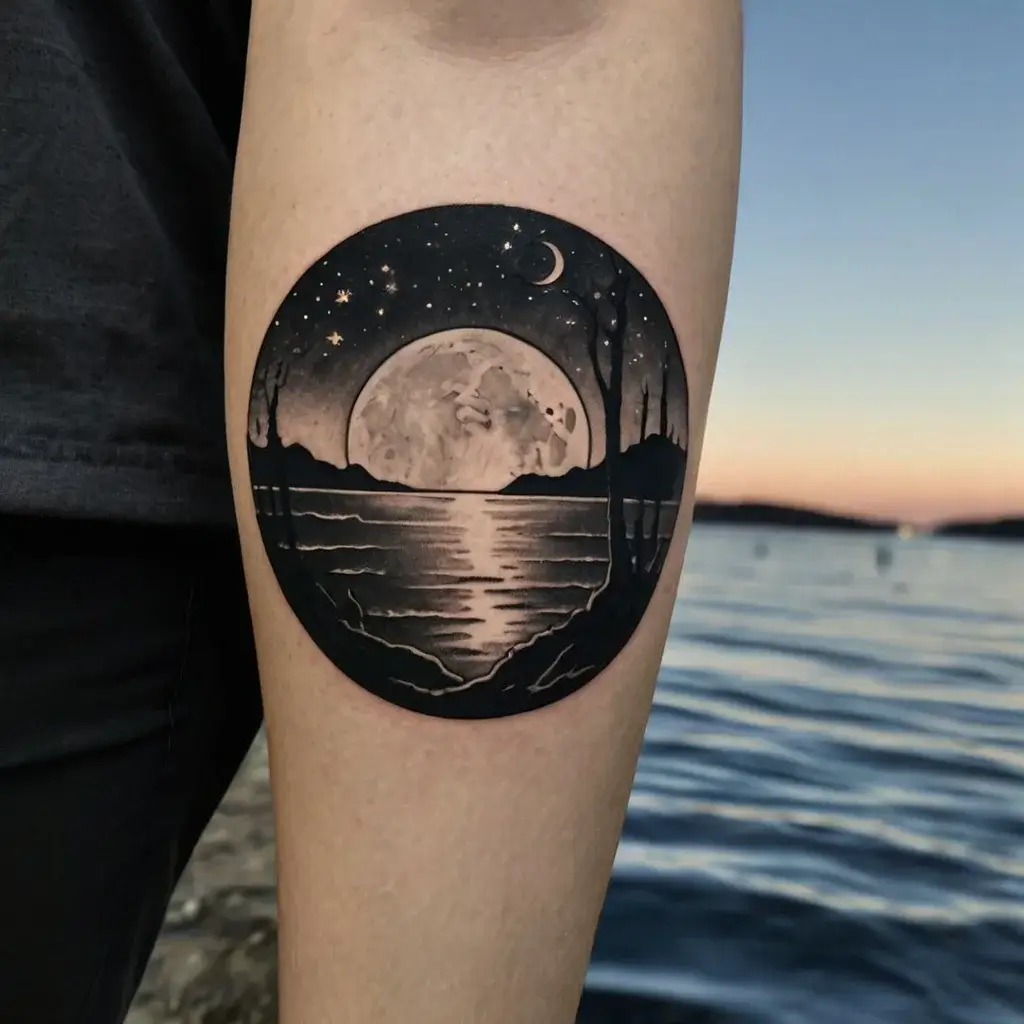 Circular tattoo of a moonlit night over a lake, with stars, crescent moon, silhouettes of trees, and water reflections.