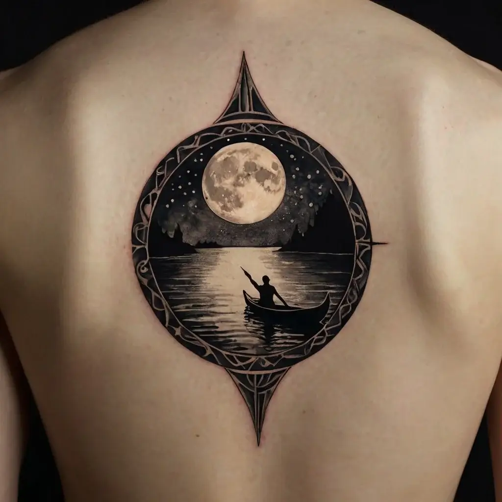 Circular tattoo of a silhouetted figure in a canoe beneath a full moon, framed by ornate geometric patterns.