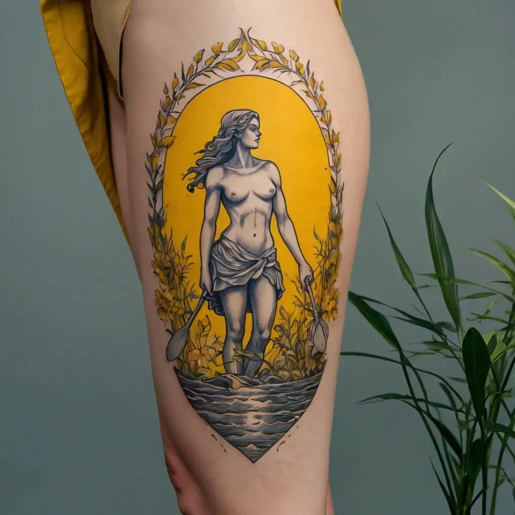 Tattoo of a nude woman holding paddles, standing between floral arches, set against a vibrant yellow background.