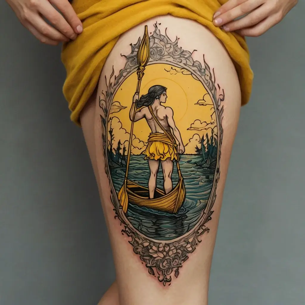 Tattoo with a figure standing in a boat on water, holding an oar. Yellow tones, framed by ornamental design.