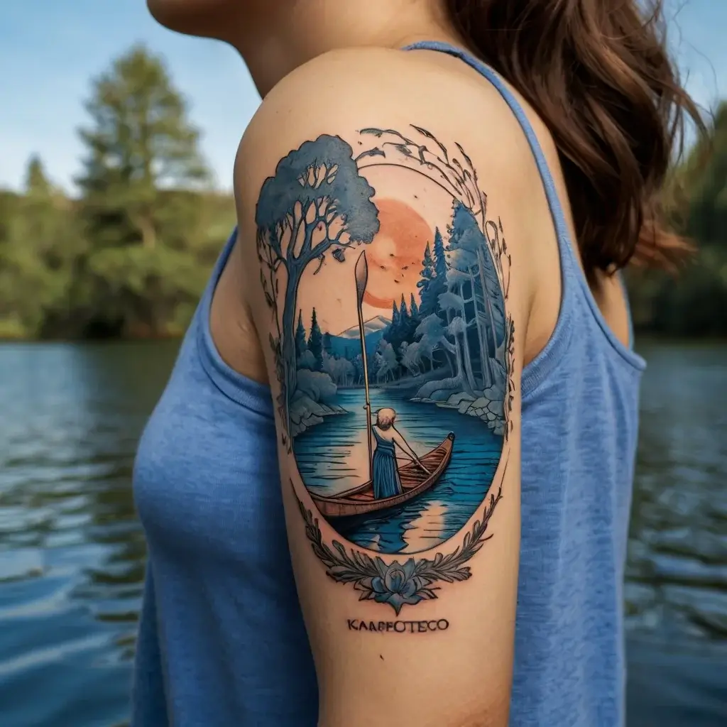 A scenic arm tattoo with a person in a canoe on a river, encircled by trees and a mountain under a vibrant sunset.