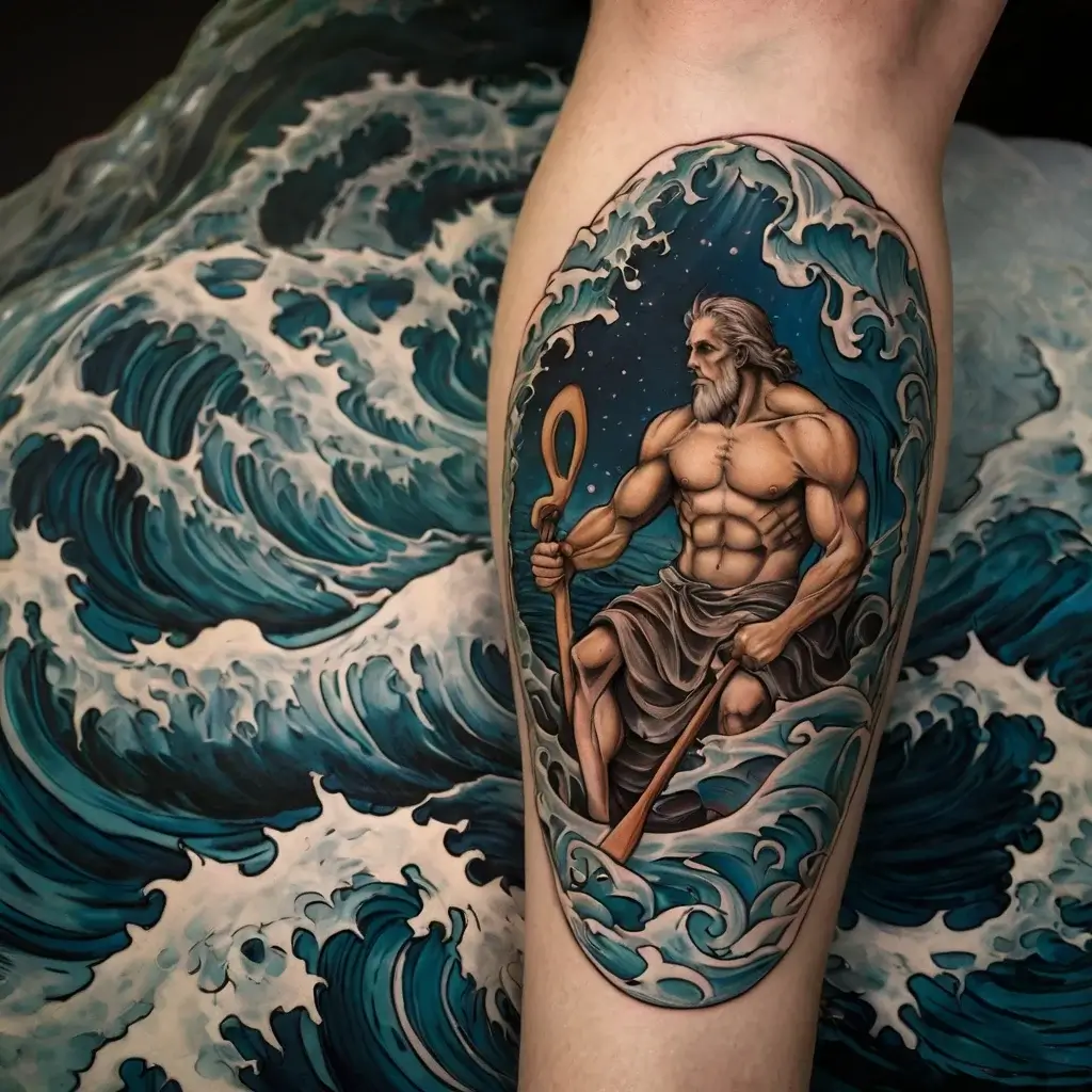 Tattoo of a muscular, bearded figure with a trident, surrounded by turbulent waves, symbolizing power and the sea.