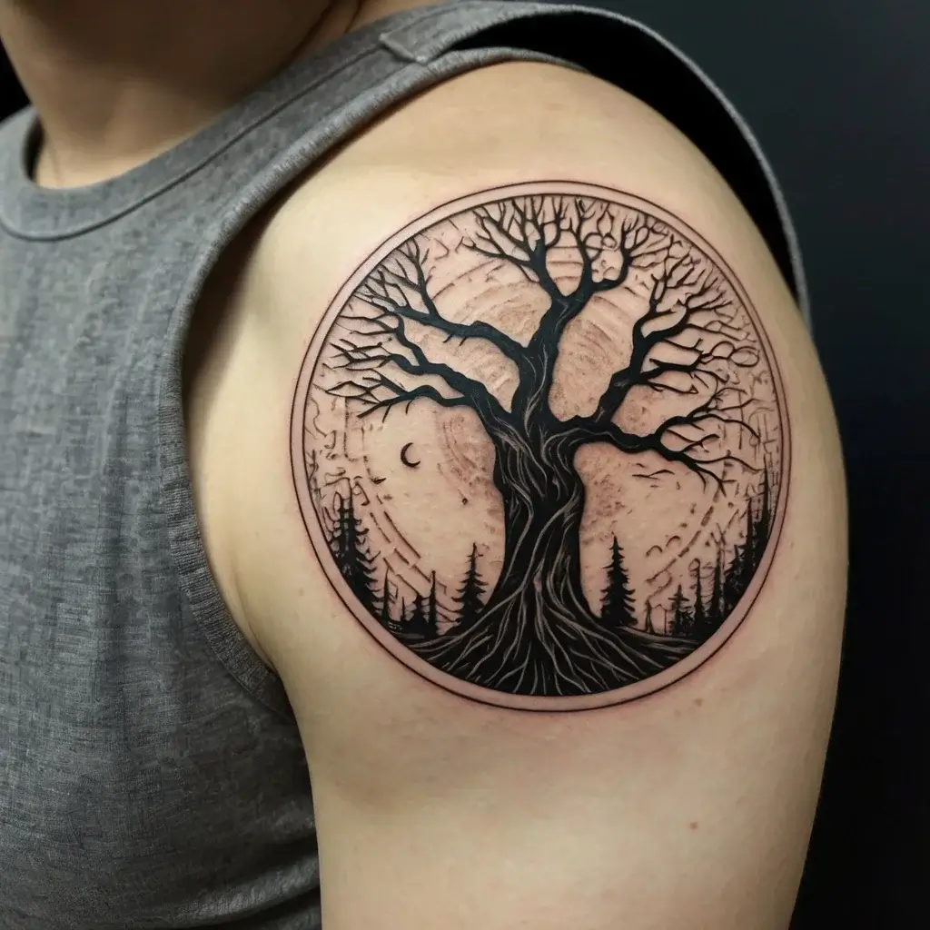 Circular tattoo of a leafless tree against a cosmic background, framed by forest silhouettes and a crescent moon.