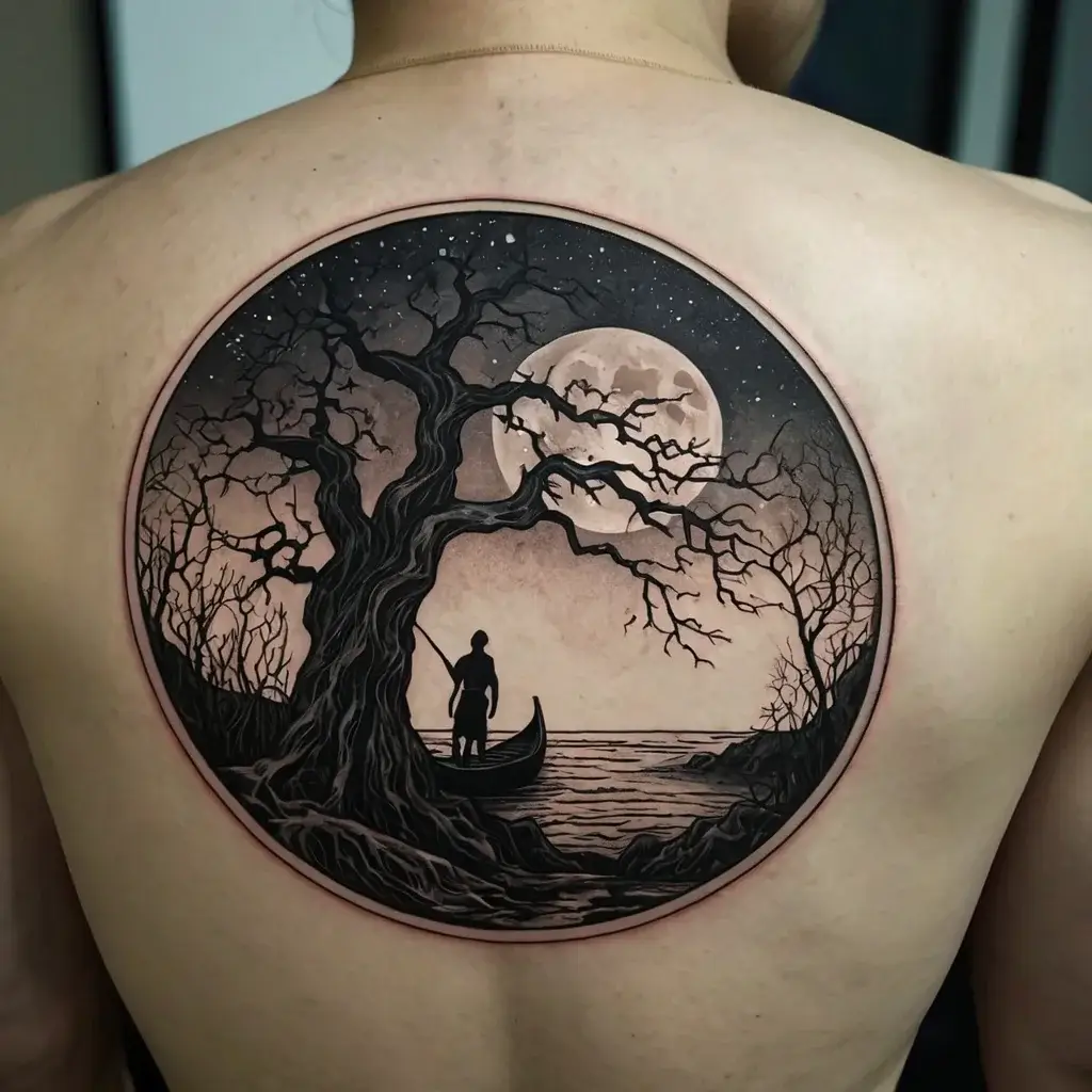 Tattoo of a silhouetted figure in a boat on water, with a full moon and twisted tree creating a mystical scene within a circle.