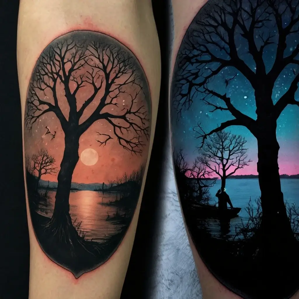 Tattoo of a silhouetted tree against a sunset and night sky, with birds and reflection on water, blending day and night.