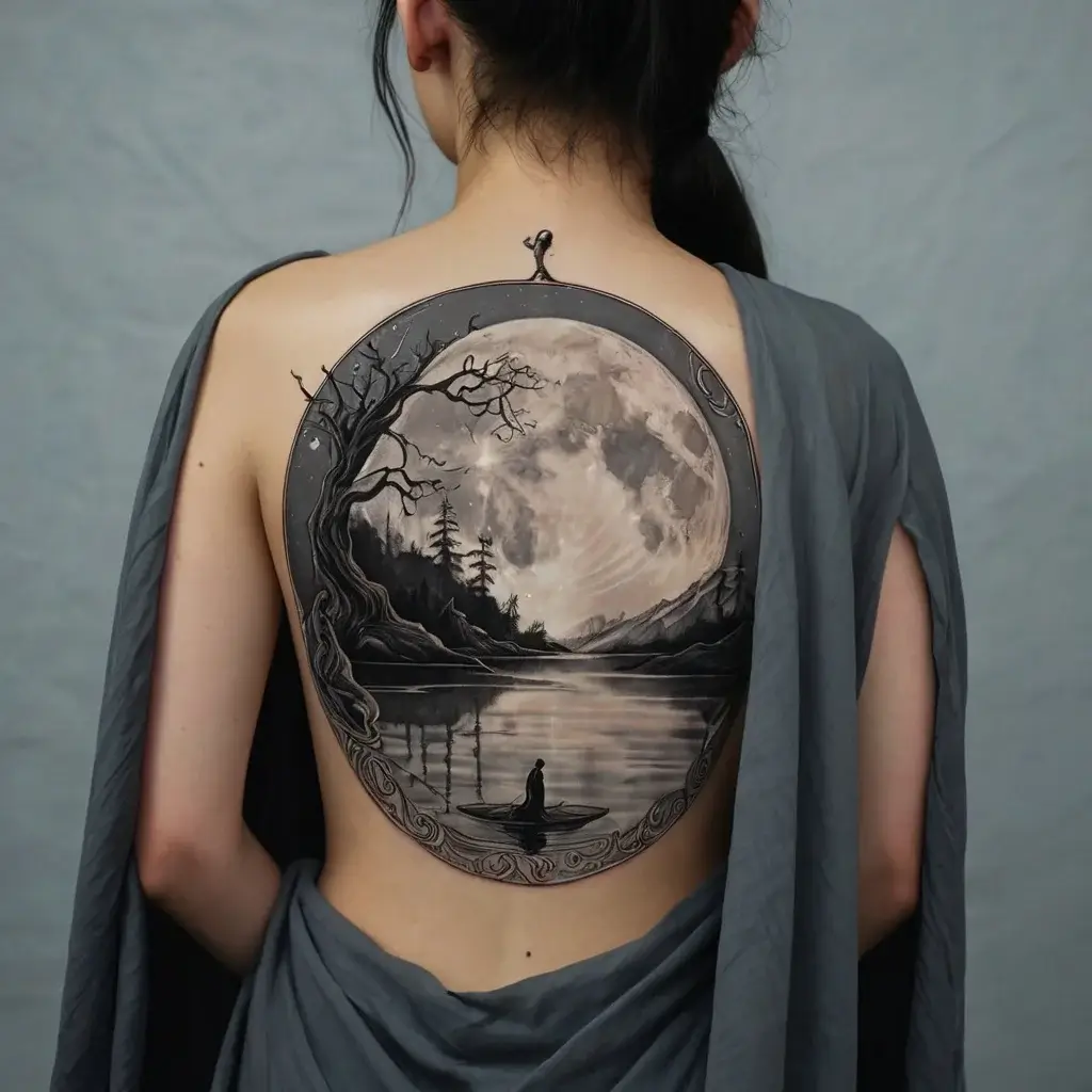 Tattoo of a serene landscape with a lone boat under a full moon, framed by a tree and intricate border on a woman's back.