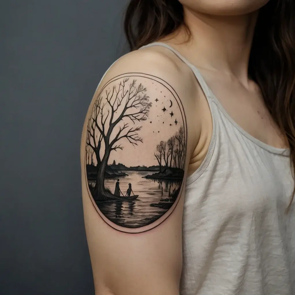 Tattoo of a serene night landscape with a silhouetted couple in a boat, surrounded by trees, stars, and a crescent moon.