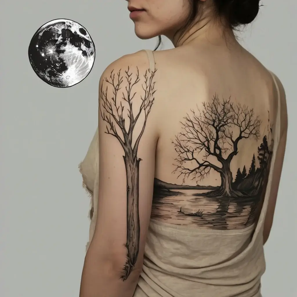 Tattoo of a leafless tree on arm and back, extending into a landscape with a lake and forest, under a detailed moon.