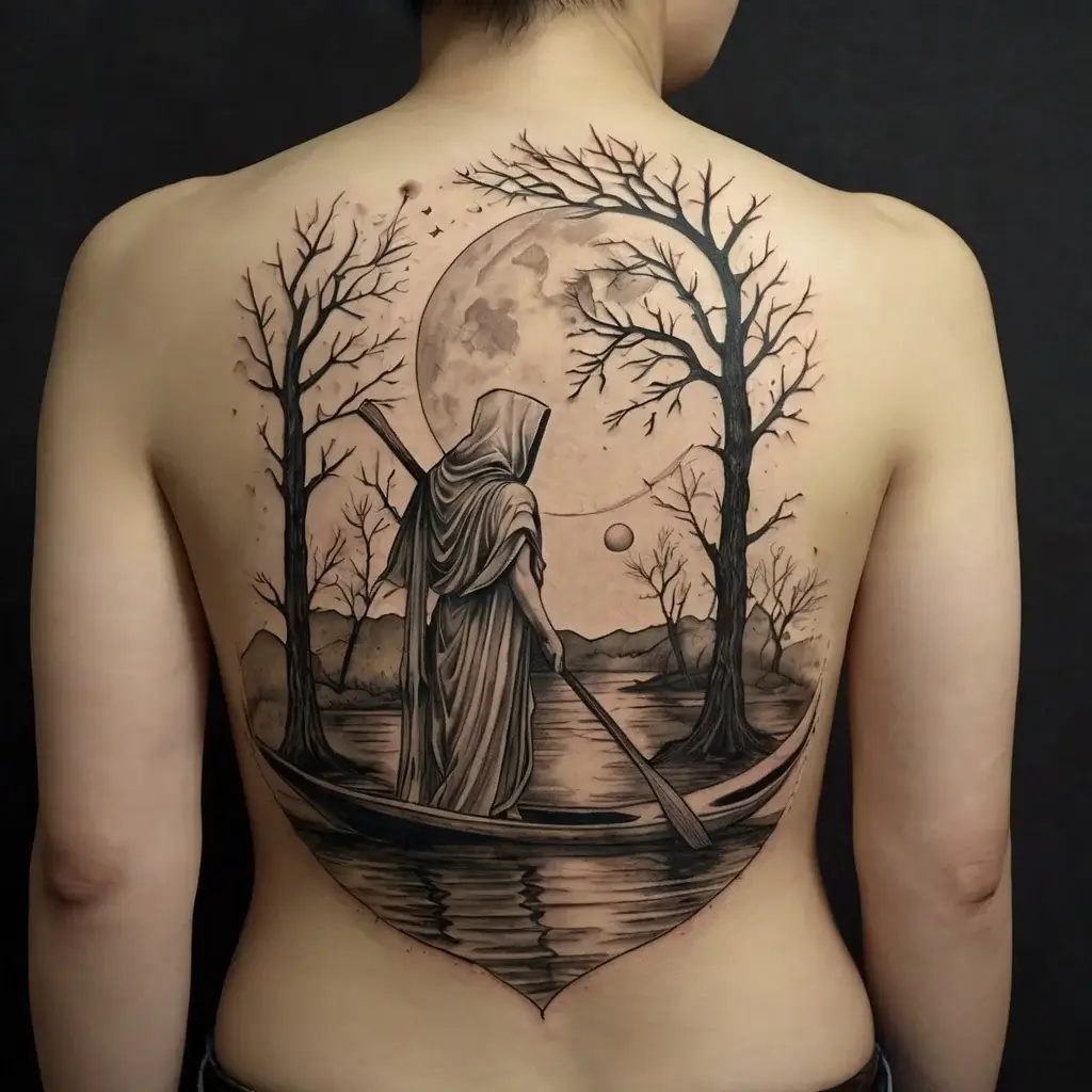 A hooded figure rows through a river under a full moon, surrounded by barren trees in a surreal, mystical landscape.