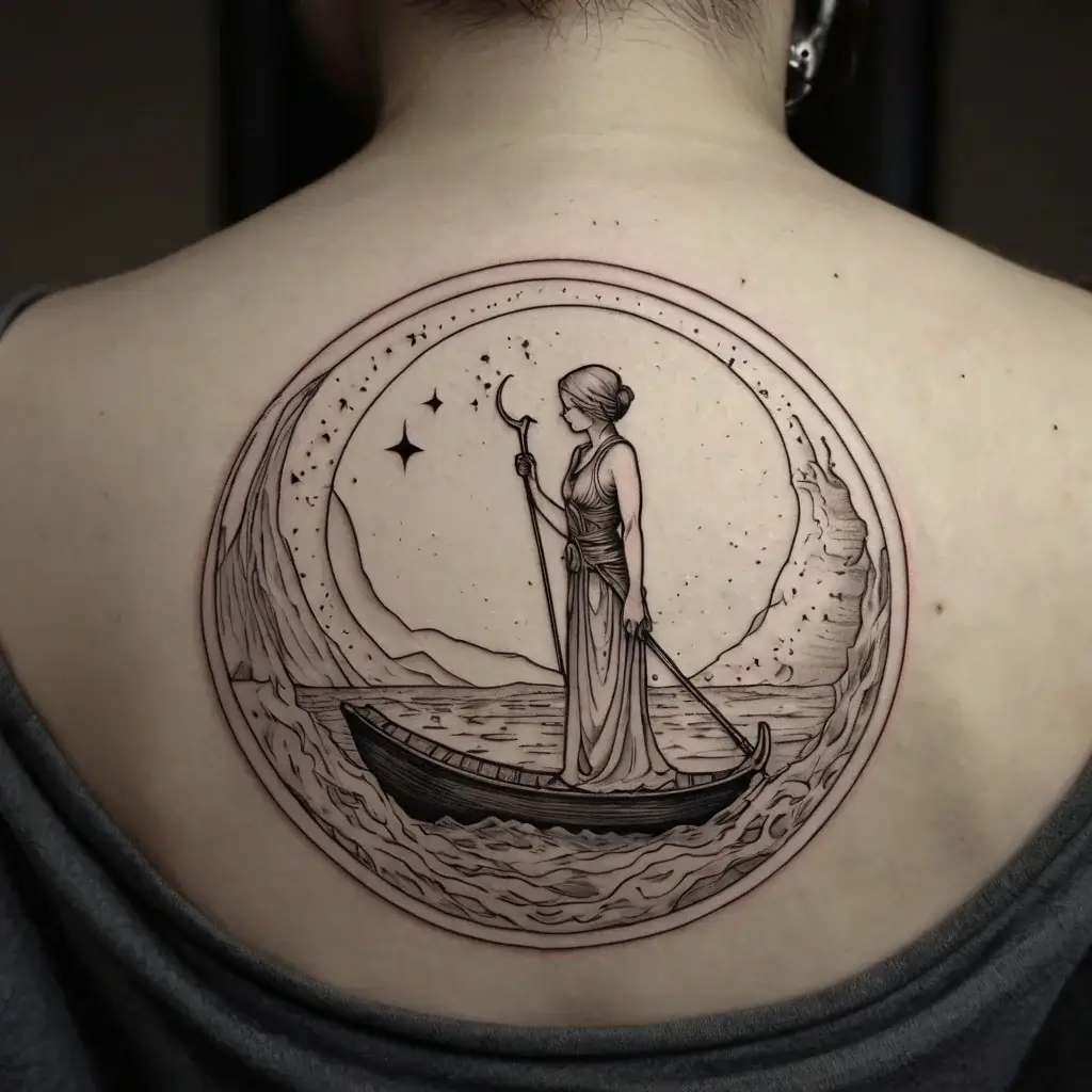 Tattoo of a woman in a boat holding a staff, surrounded by a crescent moon and stars, symbolizing mystery and journey.