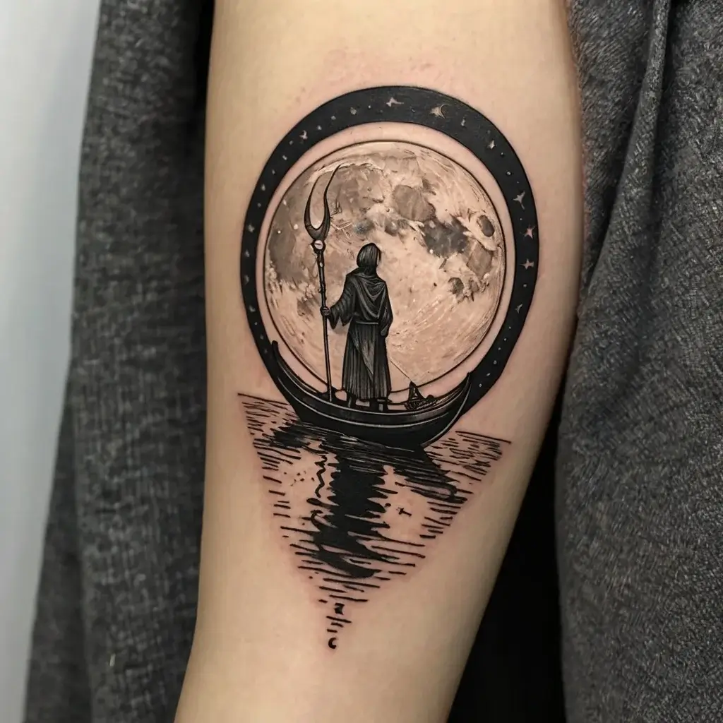 Tattoo depicts a hooded figure on a boat under a full moon, reflecting on water. The border is a cosmic-themed circle.