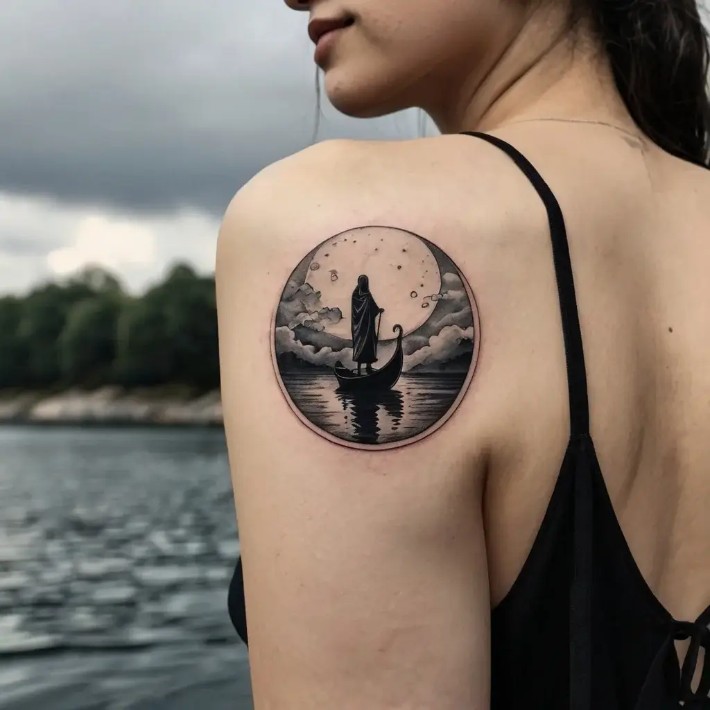 Tattoo of a cloaked figure in a boat under a full moon, with clouds and stars reflecting on water.