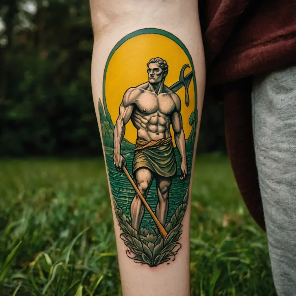 Tattoo of a muscular man with a pole, wearing a toga, set against a bright yellow circular background and green leaves.