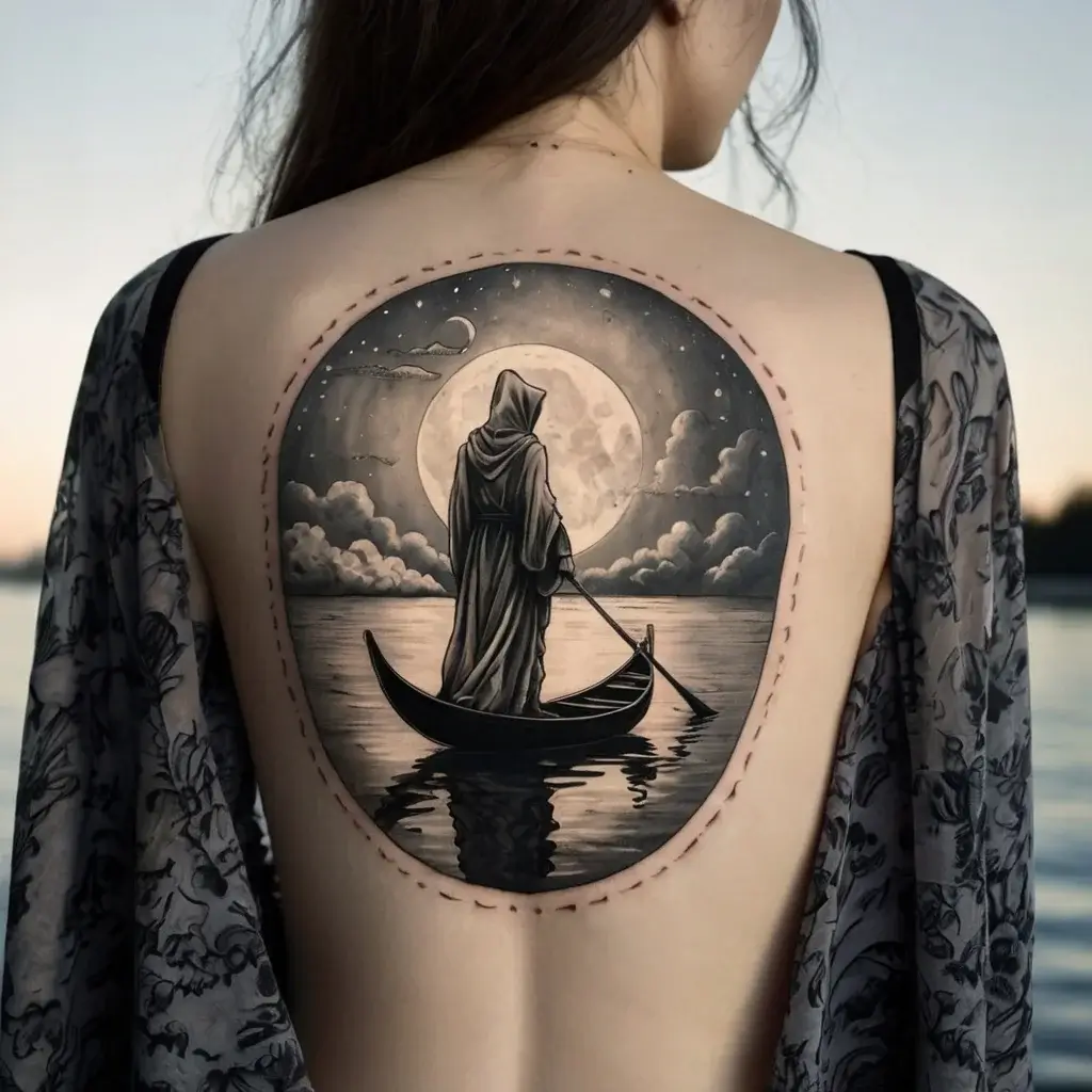 Tattoo of a hooded figure in a boat, rowing on a moonlit night, with detailed clouds and water reflections on back.