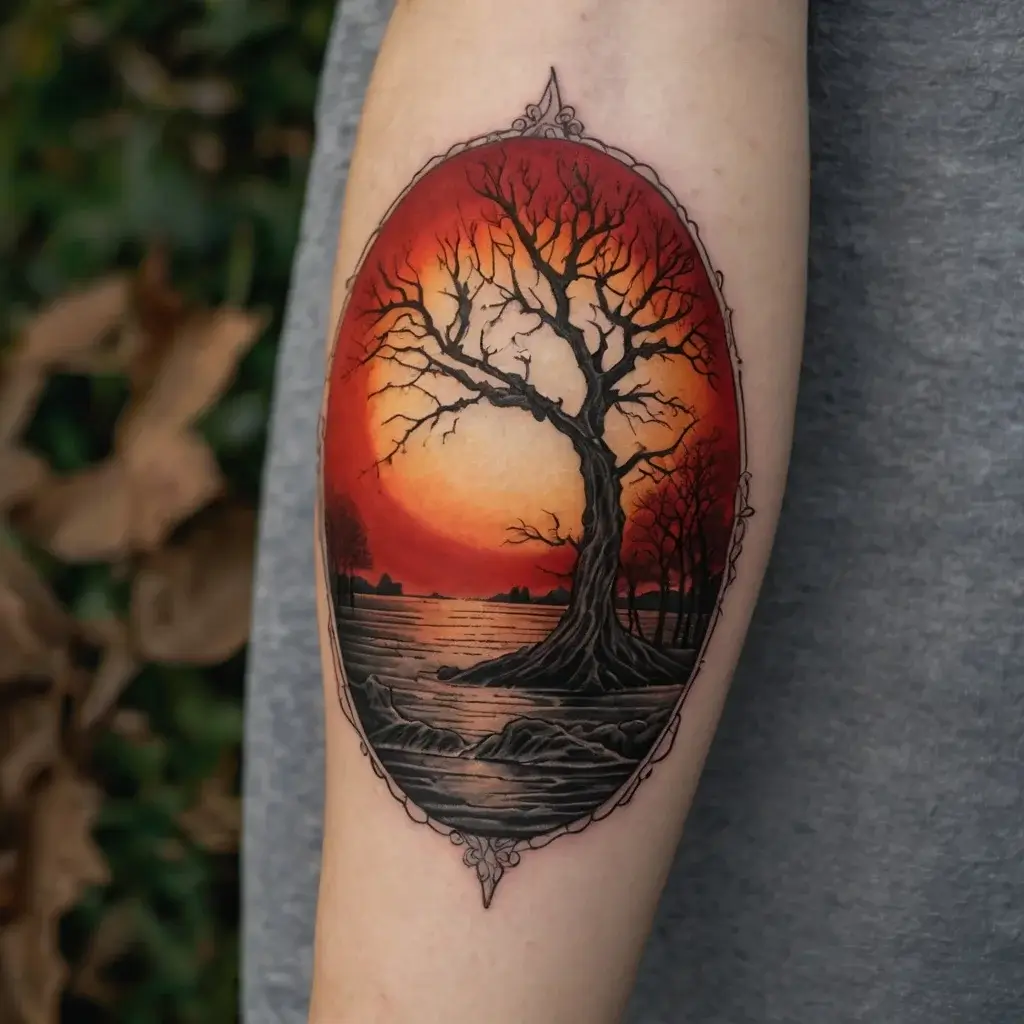 Tattoo of a barren tree by a lake with a vivid red and orange sunset, enclosed in an ornate oval frame.