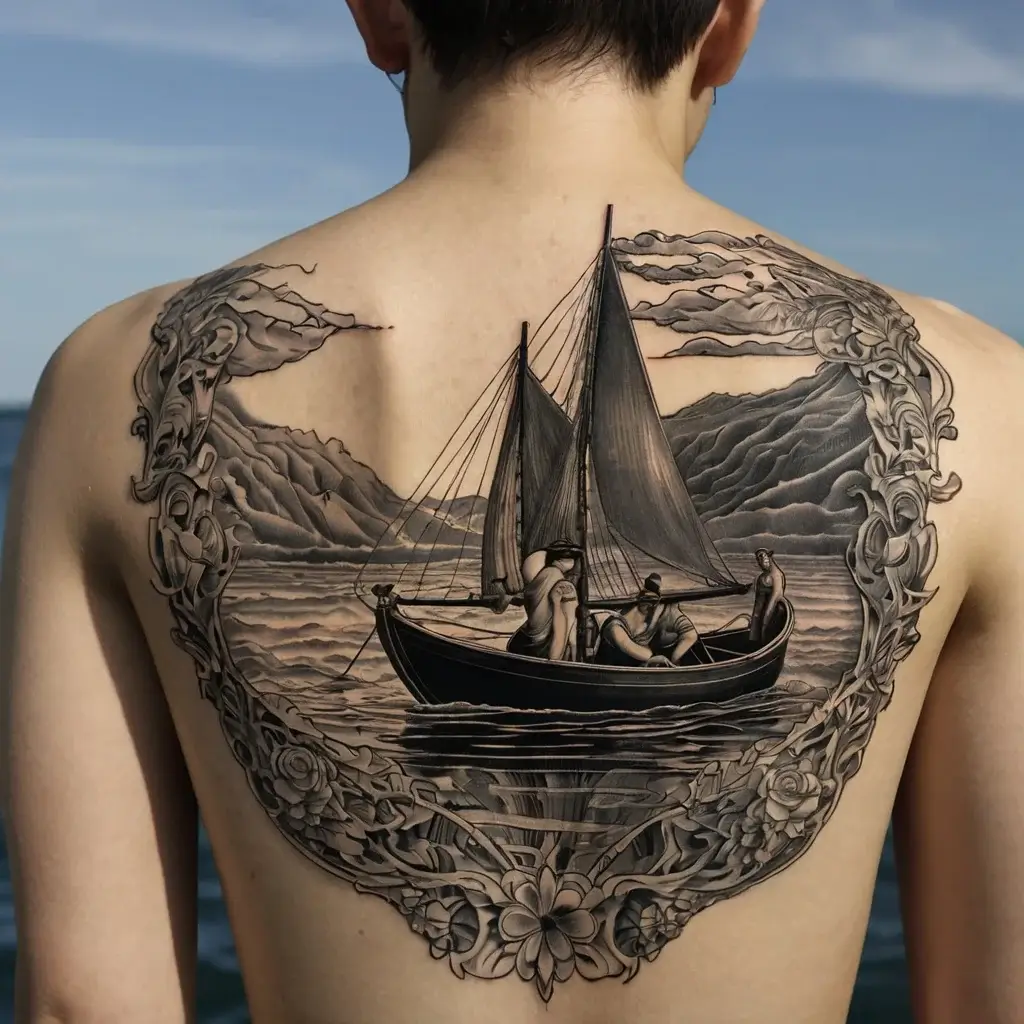 Tattoo of a detailed sailing scene framed by ornate floral and wave patterns on the back, capturing a sense of adventure.